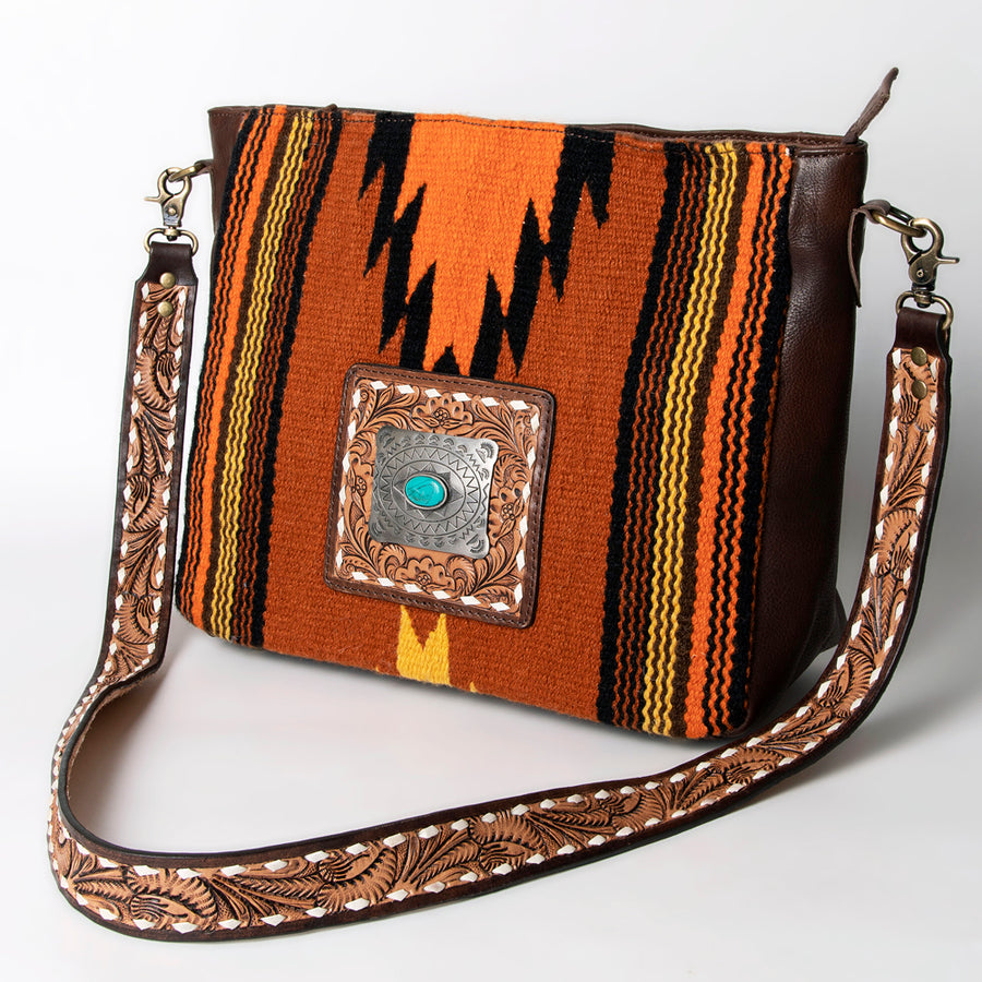 American Darling Hand Tooled Leather and Saddle Blanket Large Cross body Bag - Uhorse