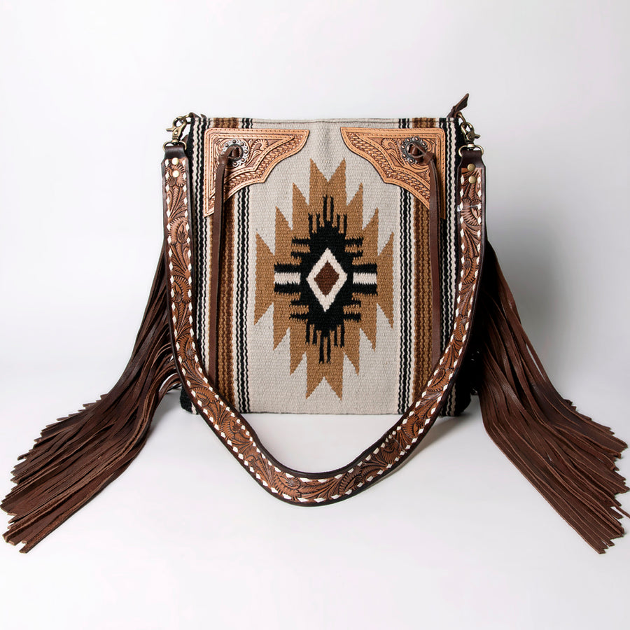 American Darling Large Cross body Bag for Women - Hand Woven Saddle Blanket, Hand Tooled Leather & Fringes