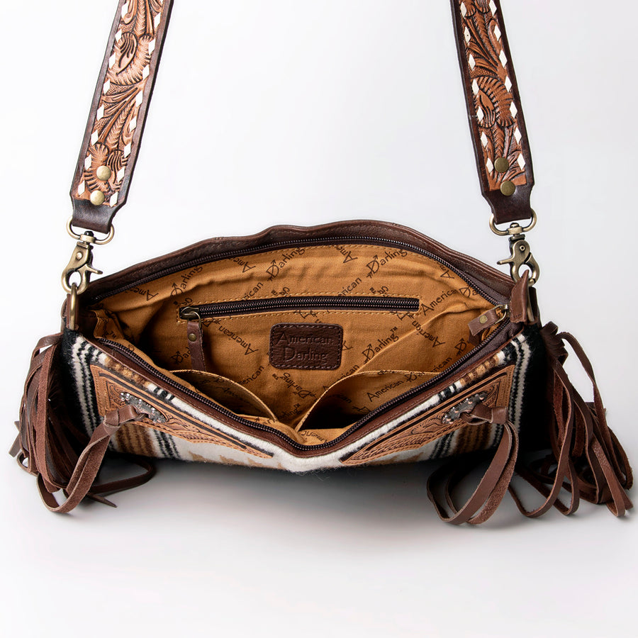 American Darling Large Cross body Bag for Women - Hand Woven Saddle Blanket, Hand Tooled Leather & Fringes