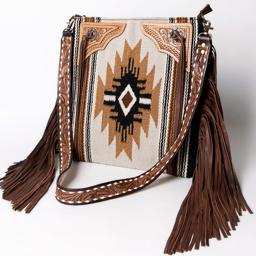 American Darling Large Cross body Bag for Women - Hand Woven Saddle Blanket, Hand Tooled Leather & Fringes