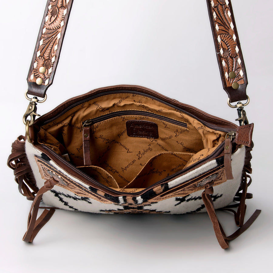 American Darling Large Cross body Bag for Women - Hand Woven Saddle Blanket, Hand Tooled Leather & Fringes