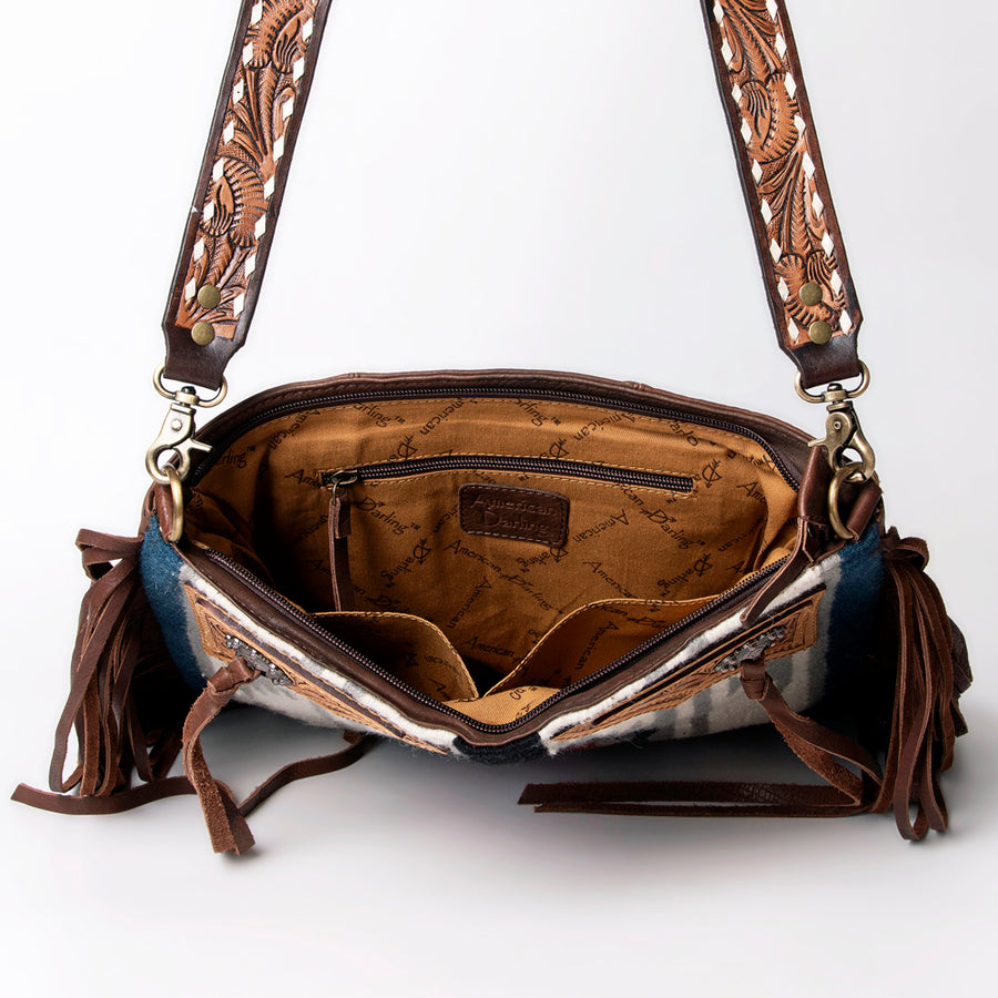 American Darling Large Cross body Bag for Women - Hand Woven Saddle Blanket, Hand Tooled Leather & Fringes