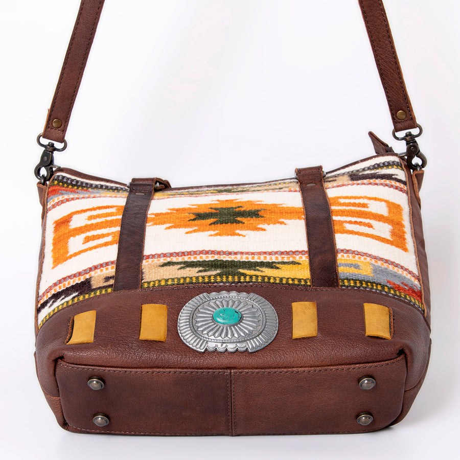 American Darling Western Tote Bag Genuine Leather Hand Woven Saddle Blanket Turquoise Concho Handbag 13in x 15in x 3.5in