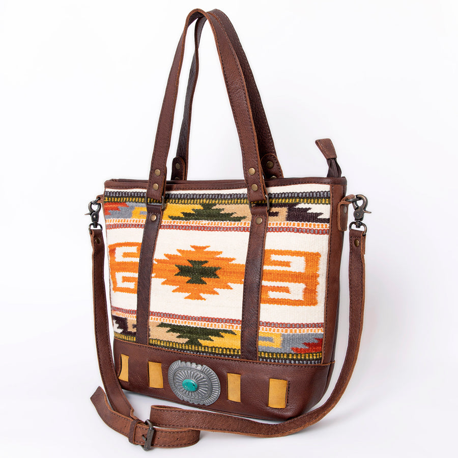 American Darling Western Leather Tote Bag with Turquoise Concho and Hand Woven Saddle Blanket - Uhorse