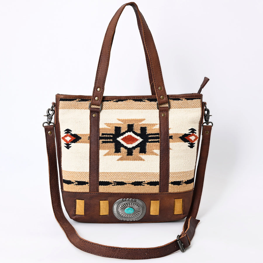 American Darling Western Tote Bag Genuine Leather Hand Woven Saddle Blanket Turquoise Concho Handbag 13in x 15in x 3.5in