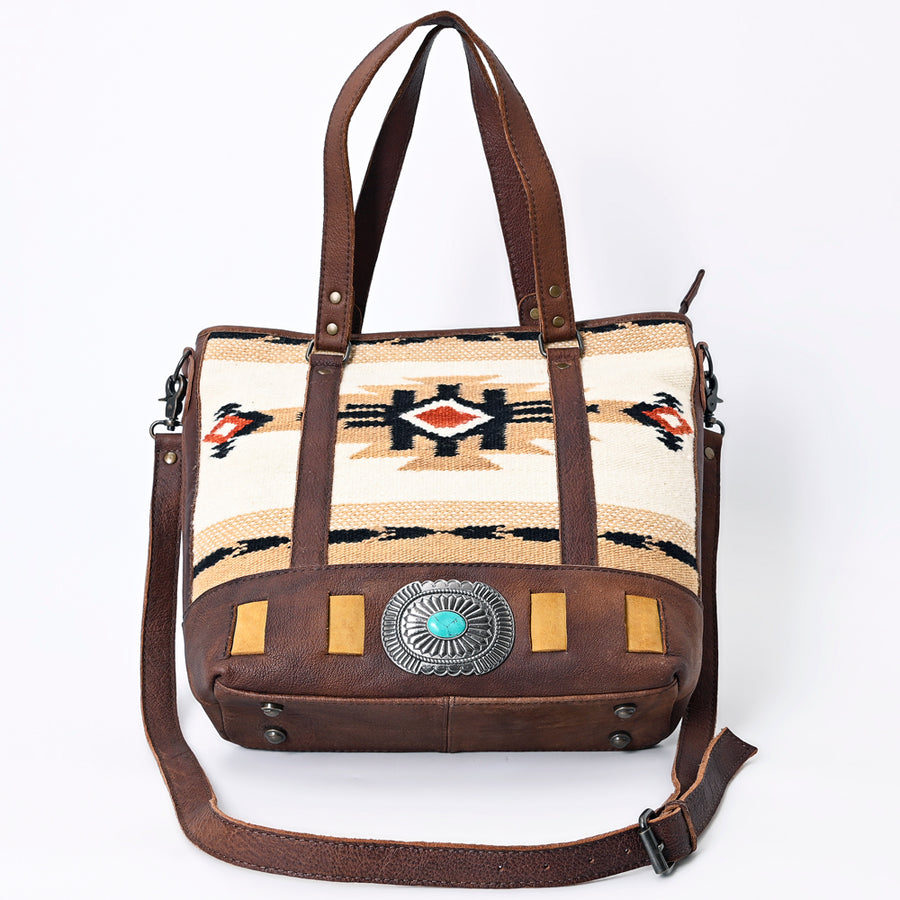 American Darling Western Tote Bag Genuine Leather Hand Woven Saddle Blanket Turquoise Concho Handbag 13in x 15in x 3.5in