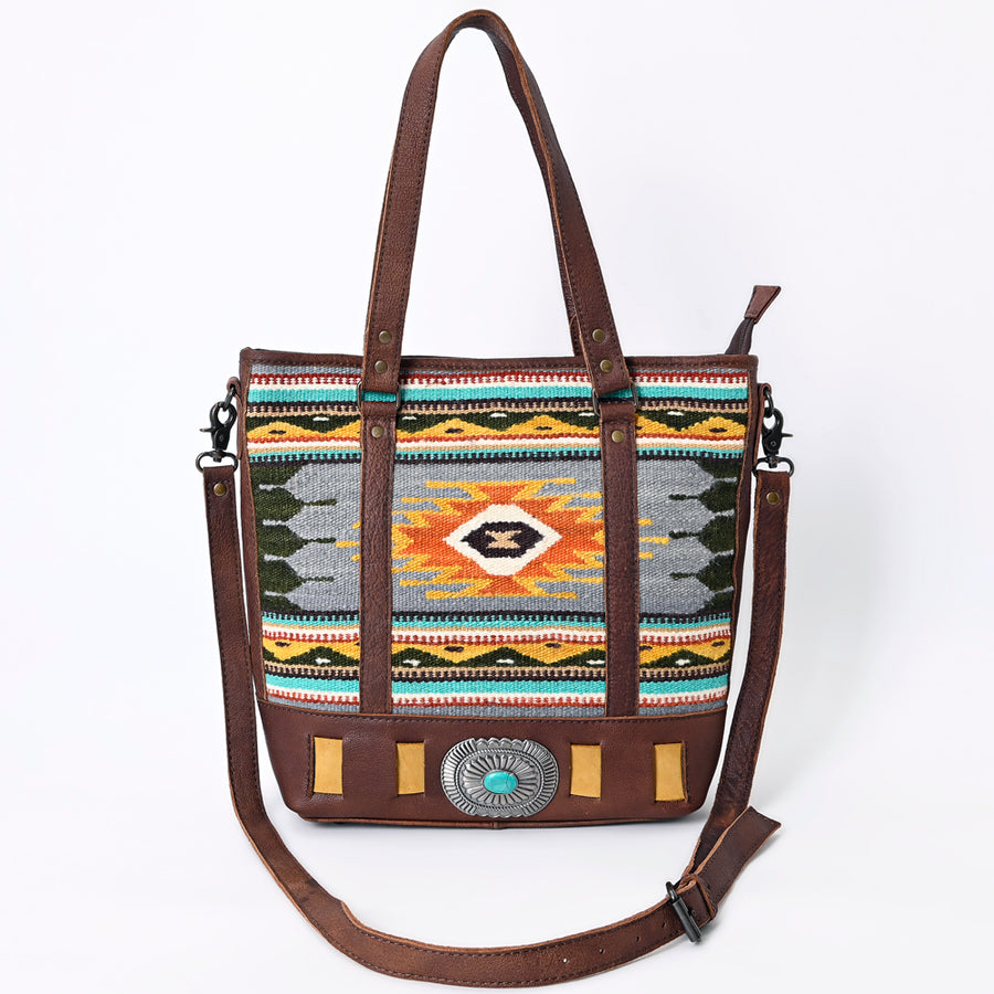 American Darling Western Tote Bag Genuine Leather Hand Woven Saddle Blanket Turquoise Concho Handbag 13in x 15in x 3.5in