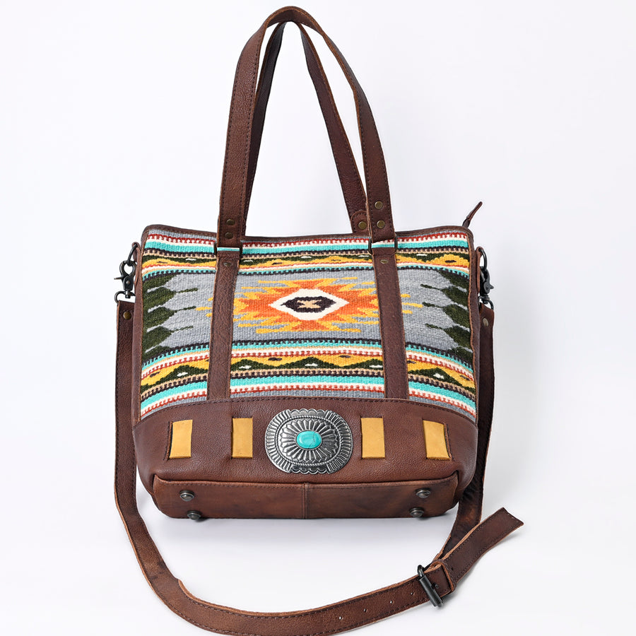 American Darling Western Tote Bag Genuine Leather Hand Woven Saddle Blanket Turquoise Concho Handbag 13in x 15in x 3.5in