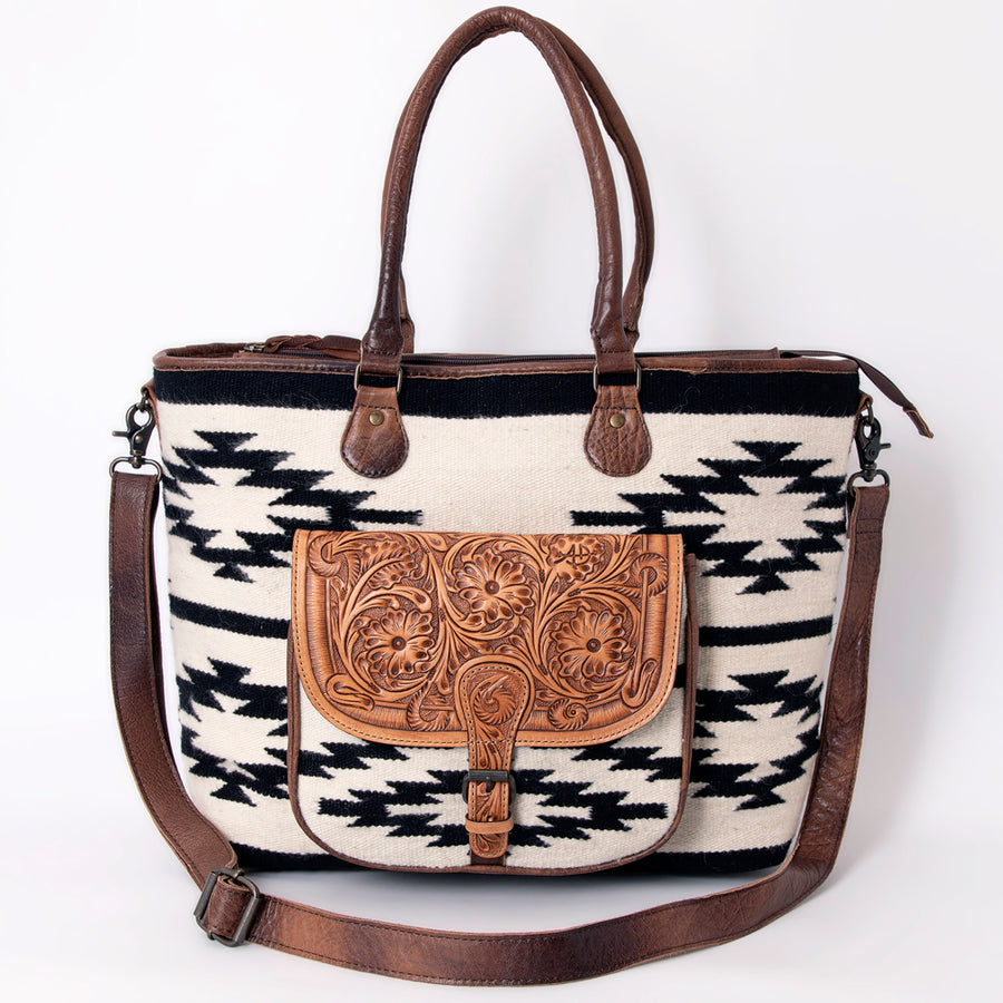 American Darling Tote Bag Genuine Leather Hand Tooled Floral Hand-Woven Saddle Blanket Western Handbag 15in x 17in x 5in