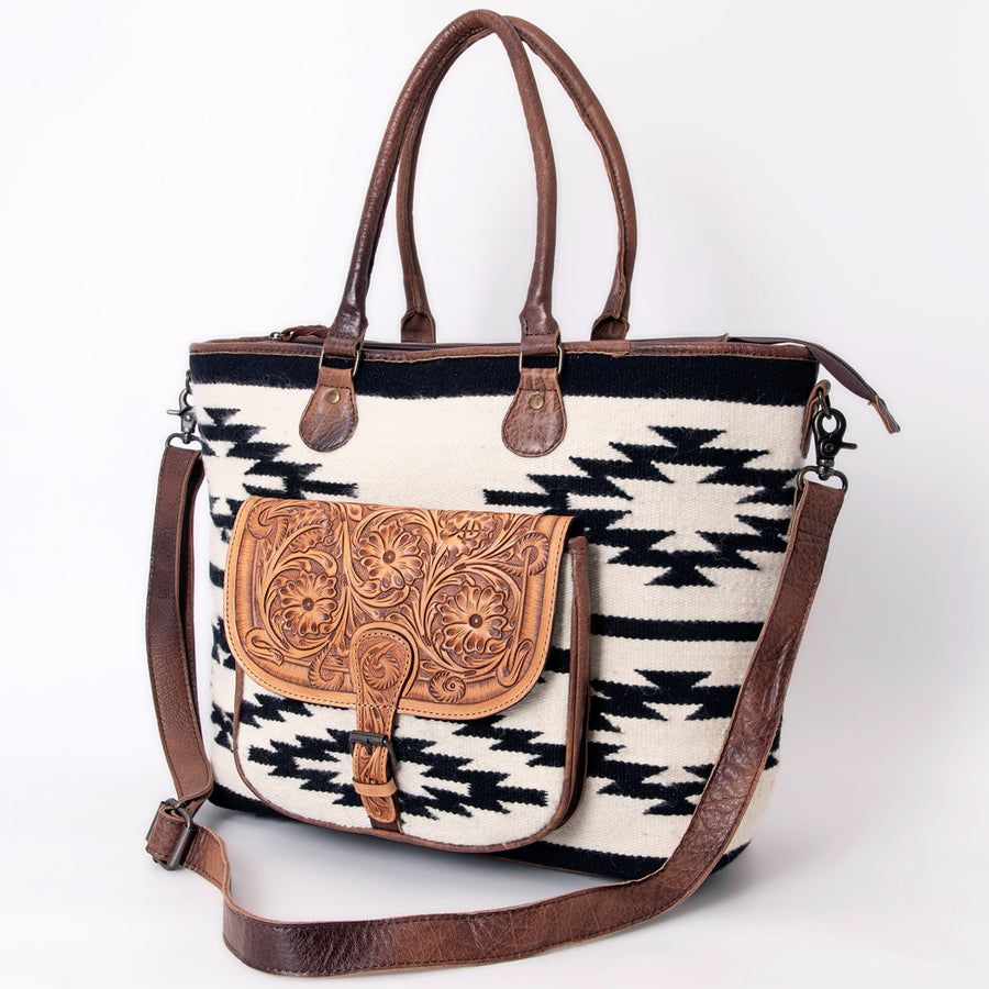 Brown and white cowhide leather tote bag with tooled flap pocket - Uhorse