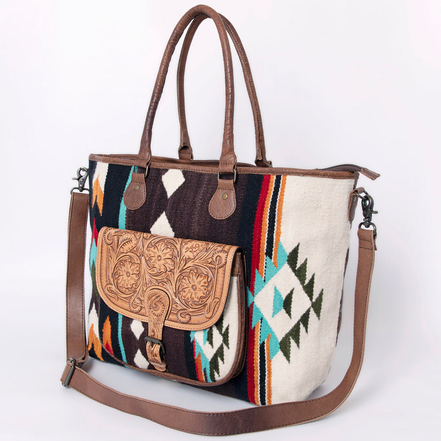 American Darling Tote Bag Genuine Leather Hand Tooled Floral Hand-Woven Saddle Blanket Western Handbag 15in x 17in x 5in