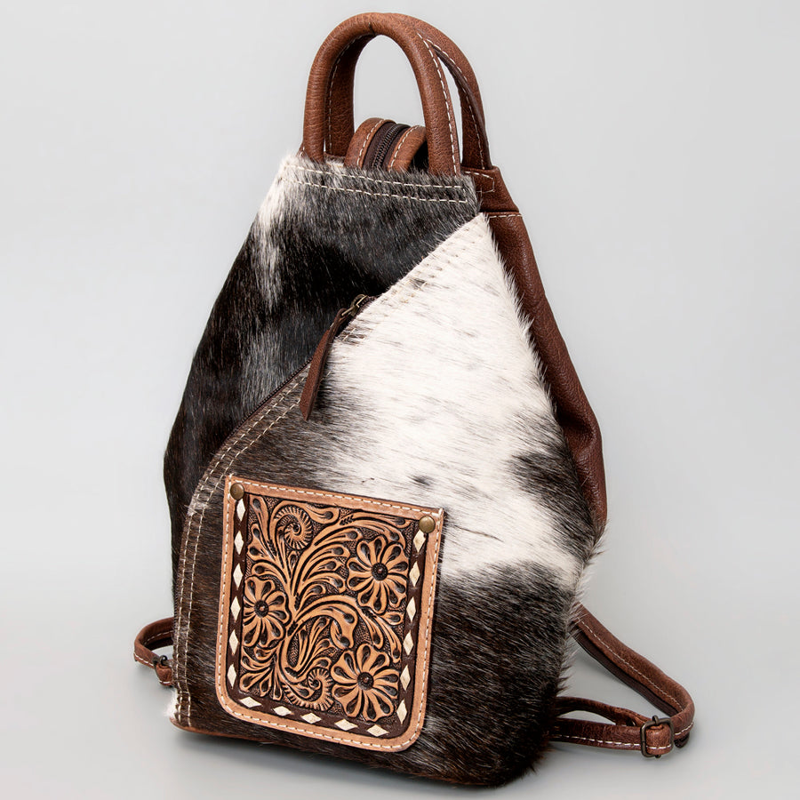 American Darling Western Backpack with Hand Tooled Floral Leather and Hair-On Cowhide - Uhorse