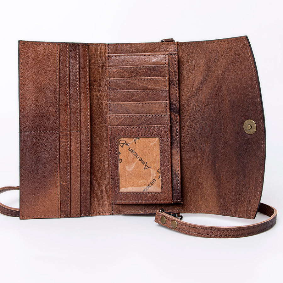 American Darling Wallet, Hand Tooled Genuine Vegetable-Tanned Leather, Western Handcrafted Tooled Crossbody Wallet for Women
