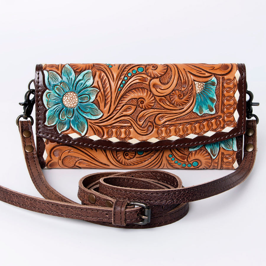 American Darling Wallet, Hand Tooled Genuine Vegetable-Tanned Leather, Western Handcrafted Tooled Crossbody Wallet for Women