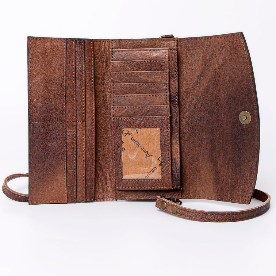 American Darling Wallet, Hand Tooled Genuine Vegetable-Tanned Leather, Western Handcrafted Tooled Crossbody Wallet for Women