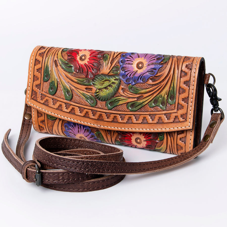 American Darling Hand Tooled Leather Wallet | Western Tooled Crossbody Wallet - Uhorse