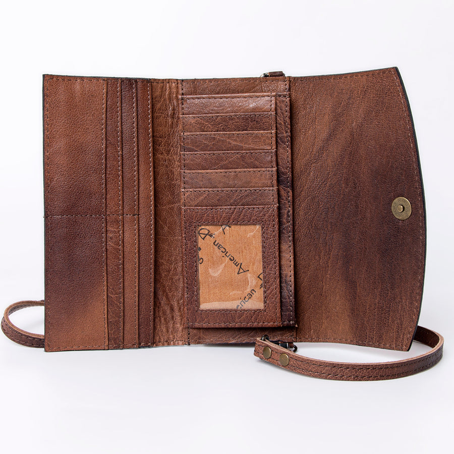 American Darling Wallet, Hand Tooled Genuine Vegetable-Tanned Leather, Western Handcrafted Tooled Crossbody Wallet for Women
