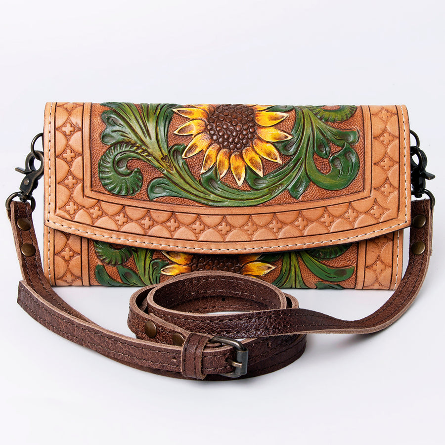American Darling Wallet, Hand Tooled Genuine Vegetable-Tanned Leather, Western Handcrafted Tooled Crossbody Wallet for Women
