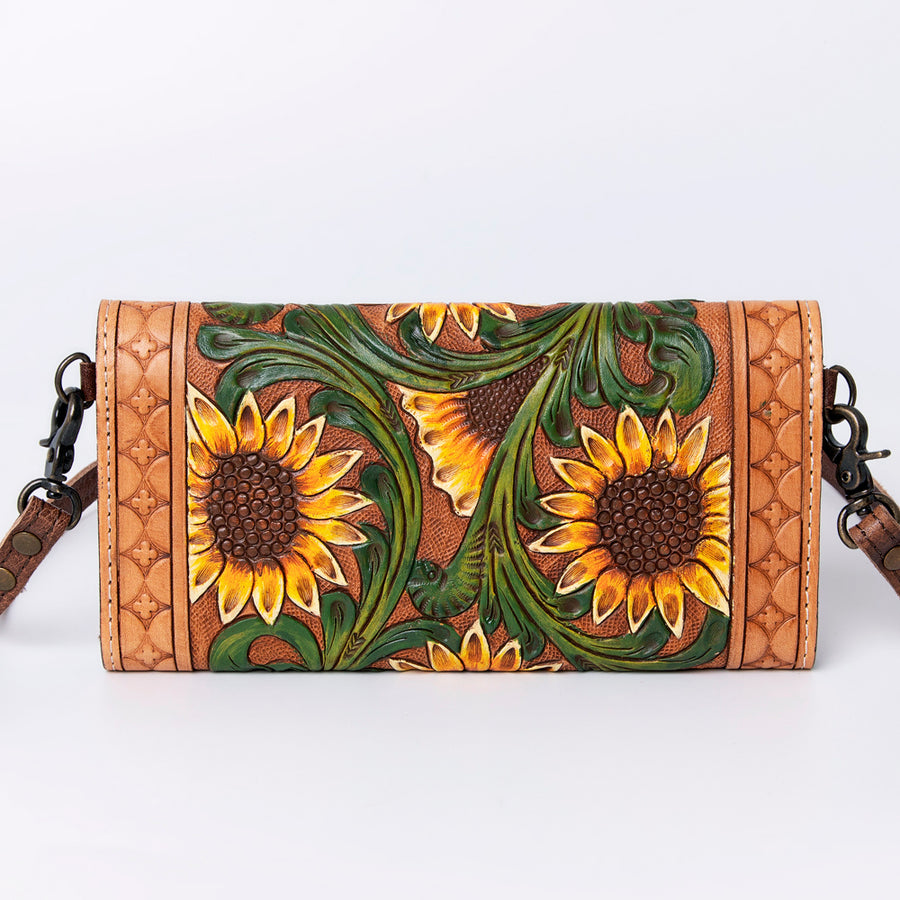 American Darling Wallet, Hand Tooled Genuine Vegetable-Tanned Leather, Western Handcrafted Tooled Crossbody Wallet for Women