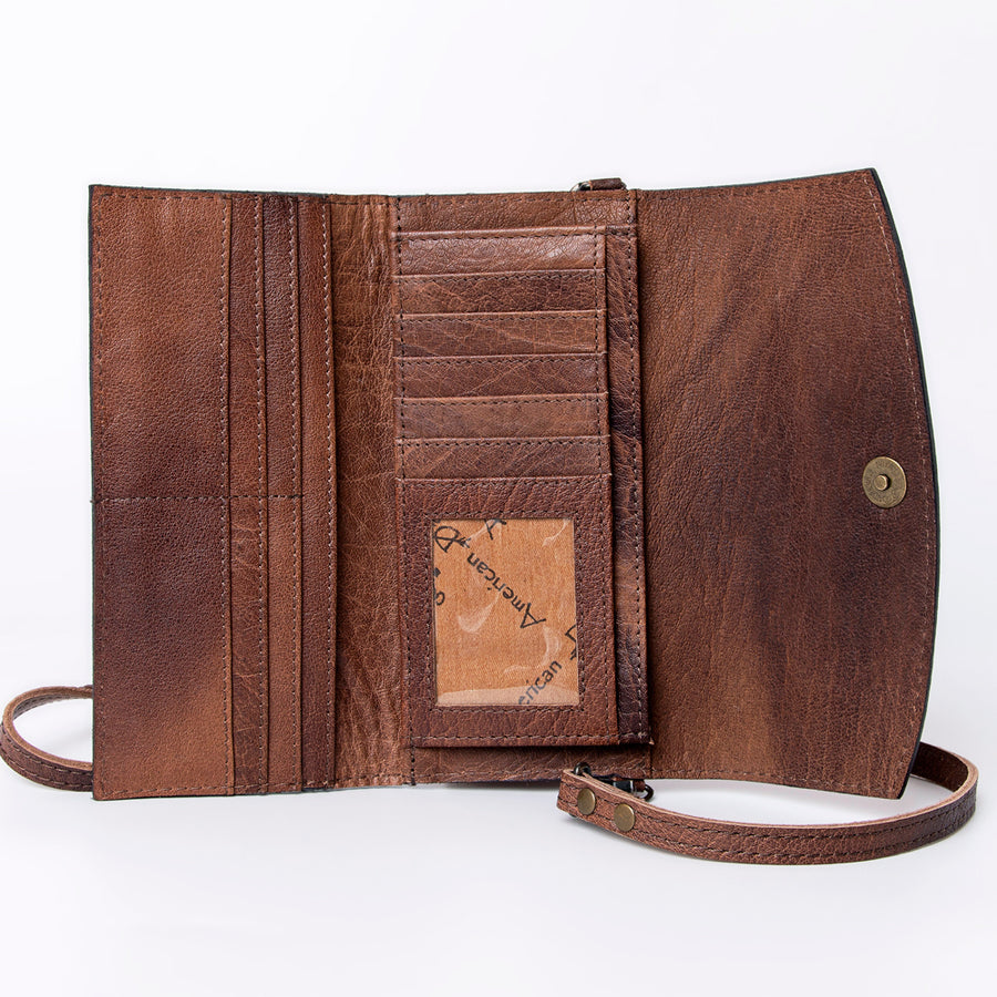American Darling Wallet, Hand Tooled Genuine Vegetable-Tanned Leather, Western Handcrafted Tooled Crossbody Wallet for Women