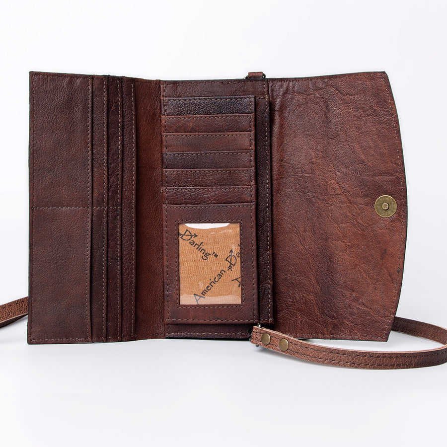 American Darling Wallet, Hand Tooled Genuine Vegetable-Tanned Leather, Western Handcrafted Tooled Crossbody Wallet for Women