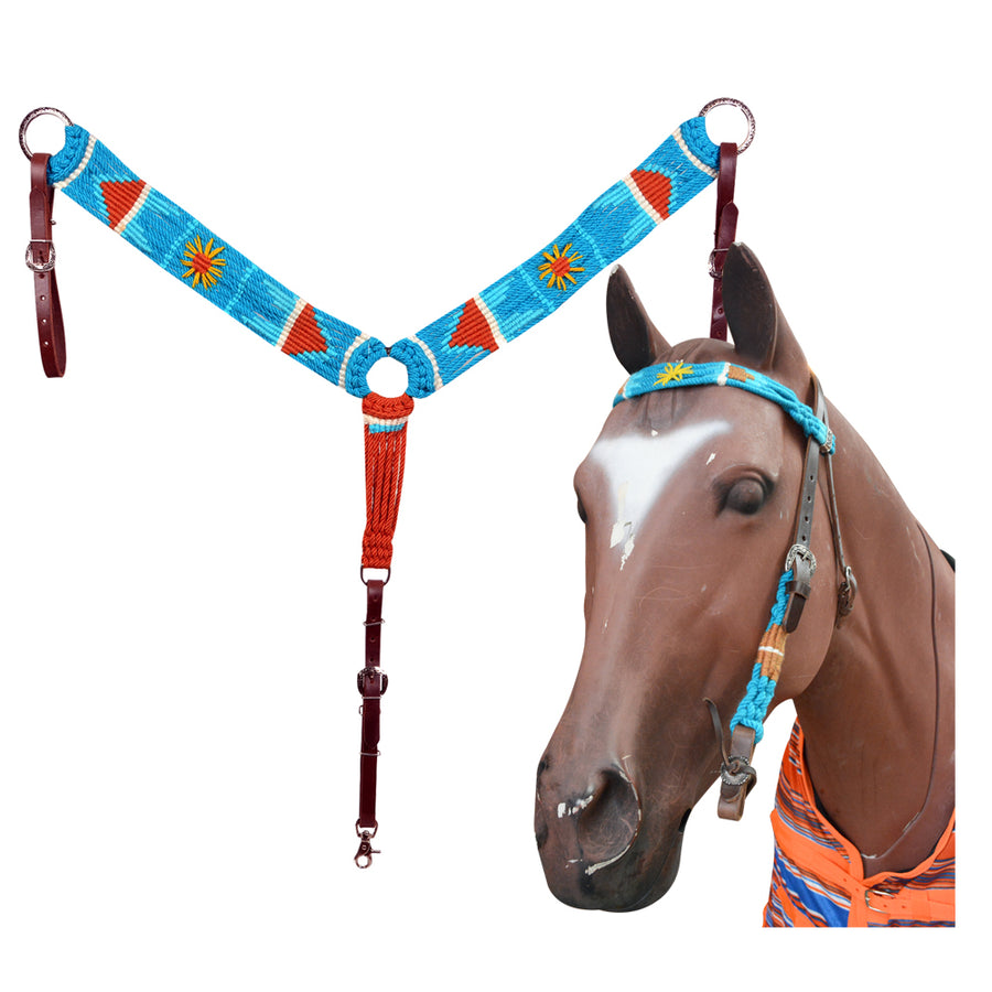 HILASON Sun Western Wool Hand Tooled Breast Collar Headstall Set Turquoise and Brown - Uhorse
