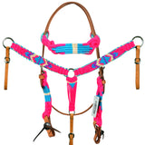 HILASON Cactus Western Wool Headstall & Breast Collar Tack Set Turquoise & Pink | Leather Headstall | Leather Breast Collar | Tack Set for Horses