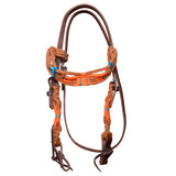 Hilason Cactus Western Wool Hand Tooled Breast Collar Headstall Tack Set Brown/Turquoise
