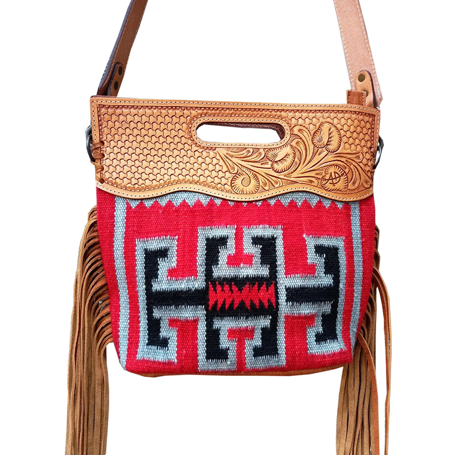 Red wool shoulder bag with leather tooled flap and fringe - Uhorse