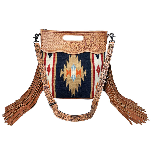Leather shoulder bag with Native American geometric pattern and fringe - Uhorse