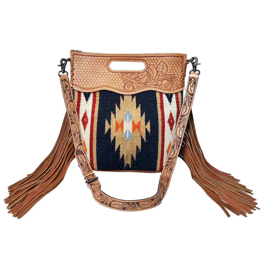 Leather shoulder bag with Native American geometric pattern and fringe - Uhorse