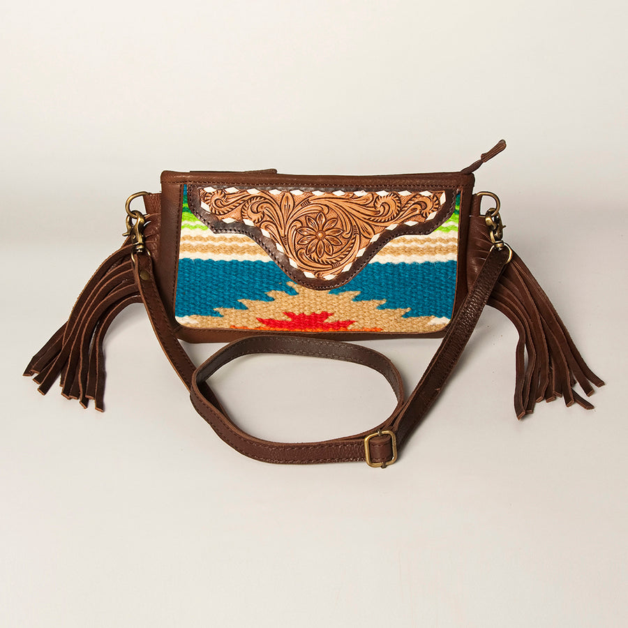 American Darling Women's Hand Tooled Floral Carved Leather Small Cross body Bag with Hand Woven Saddle Blanket and Fringes