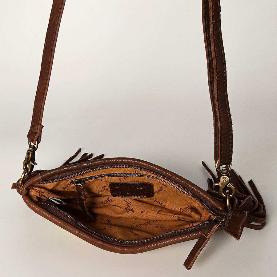 American Darling Women's Hand Tooled Floral Carved Leather Small Cross body Bag with Hand Woven Saddle Blanket and Fringes