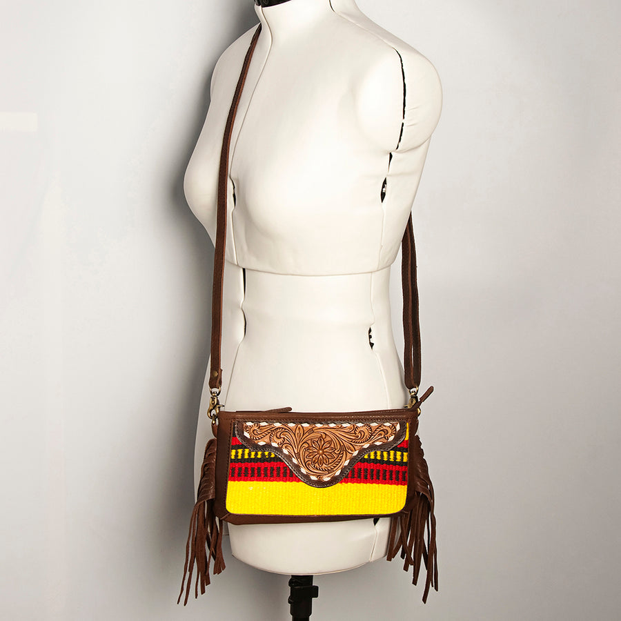 American Darling Women's Hand Tooled Floral Carved Leather Small Cross body Bag with Hand Woven Saddle Blanket and Fringes