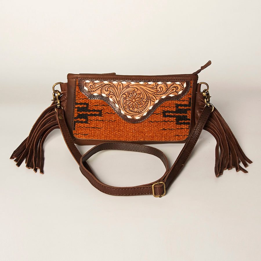 American Darling Women's Hand Tooled Floral Carved Leather Small Cross body Bag with Hand Woven Saddle Blanket and Fringes