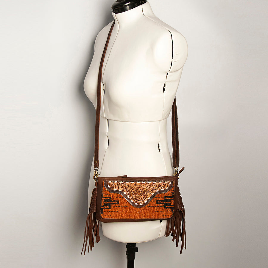 American Darling Women's Hand Tooled Floral Carved Leather Small Cross body Bag with Hand Woven Saddle Blanket and Fringes