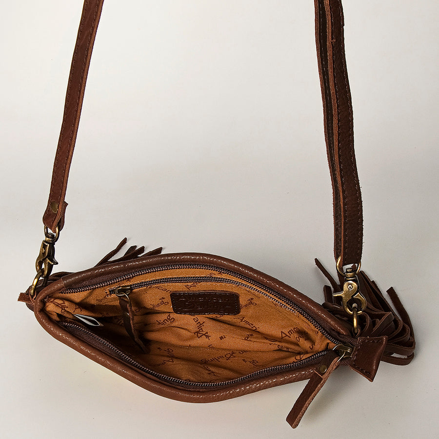 American Darling Women's Hand Tooled Floral Carved Leather Small Cross body Bag with Hand Woven Saddle Blanket and Fringes