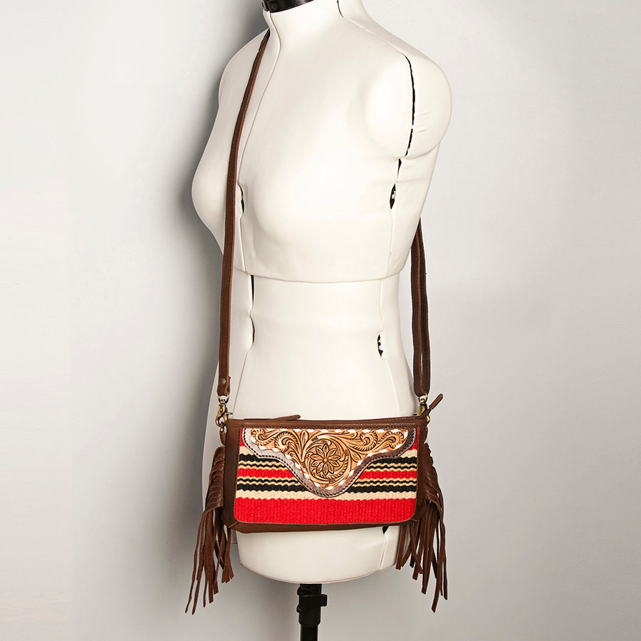 American Darling Women's Hand Tooled Floral Carved Leather Small Cross body Bag with Hand Woven Saddle Blanket and Fringes