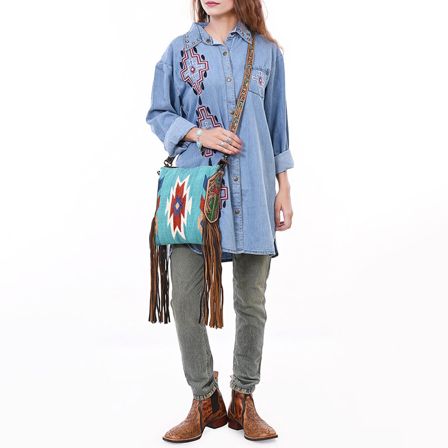 American Darling Large Cross body Bag, Hand-Woven Saddle Blanket & Hand Tooled Leather with Fringes, Western Handcrafted Purse