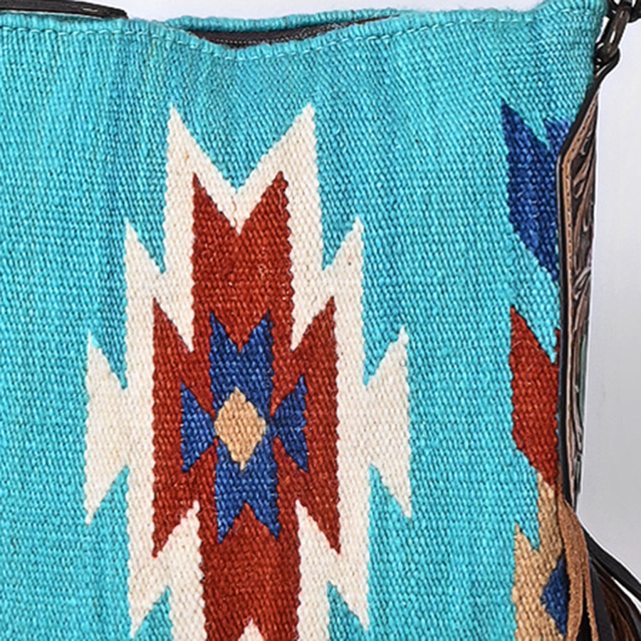 American Darling Large Cross body Bag, Hand-Woven Saddle Blanket & Hand Tooled Leather with Fringes, Western Handcrafted Purse