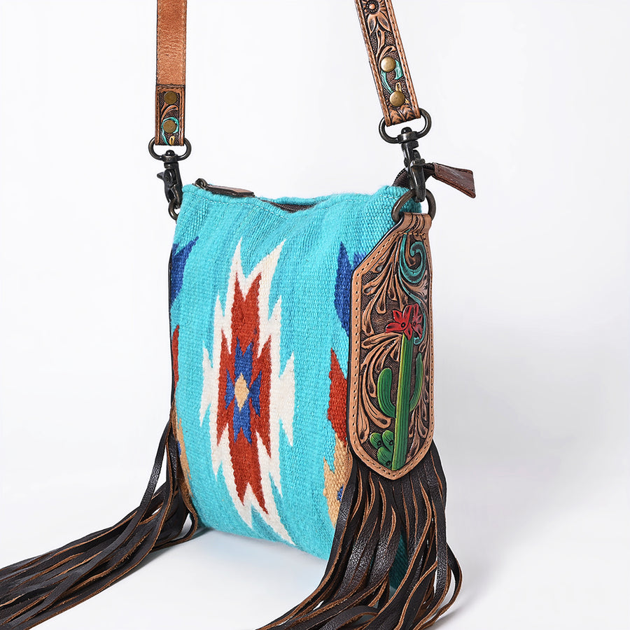 American Darling Large Cross body Bag, Hand-Woven Saddle Blanket & Hand Tooled Leather with Fringes, Western Handcrafted Purse