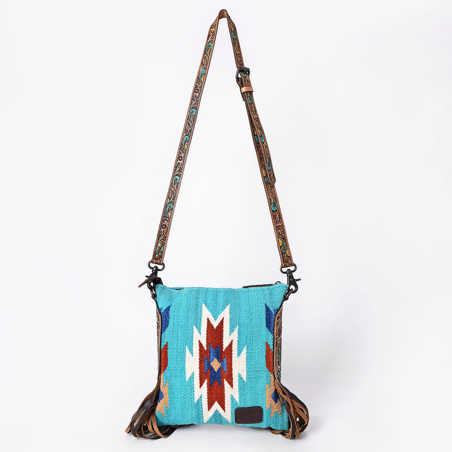 American Darling Large Cross body Bag, Hand-Woven Saddle Blanket & Hand Tooled Leather with Fringes, Western Handcrafted Purse
