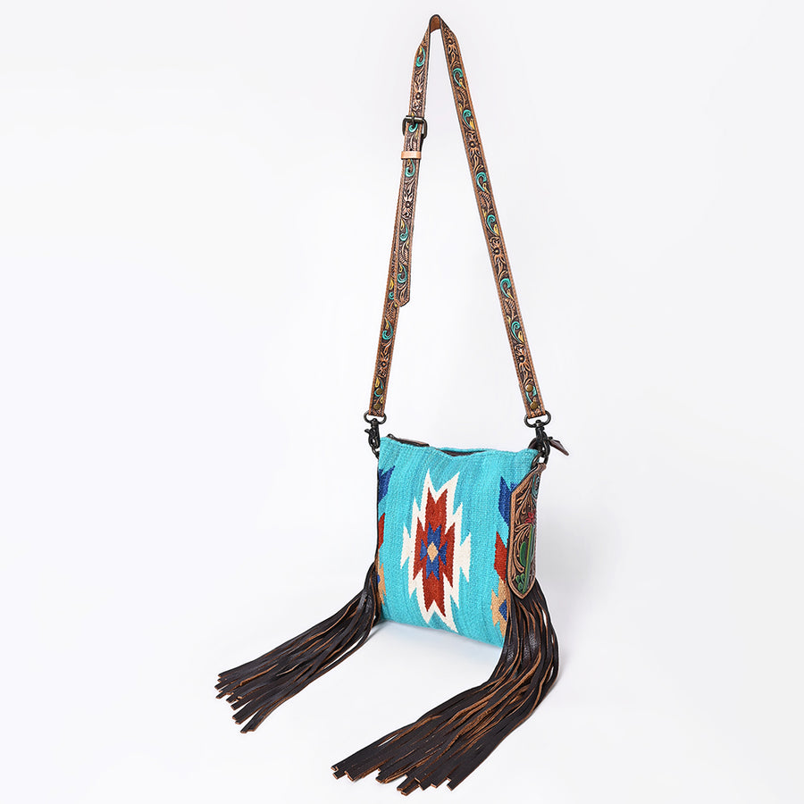 Tooled leather crossbody bags with geometric woven textile panels and fringe - Uhorse