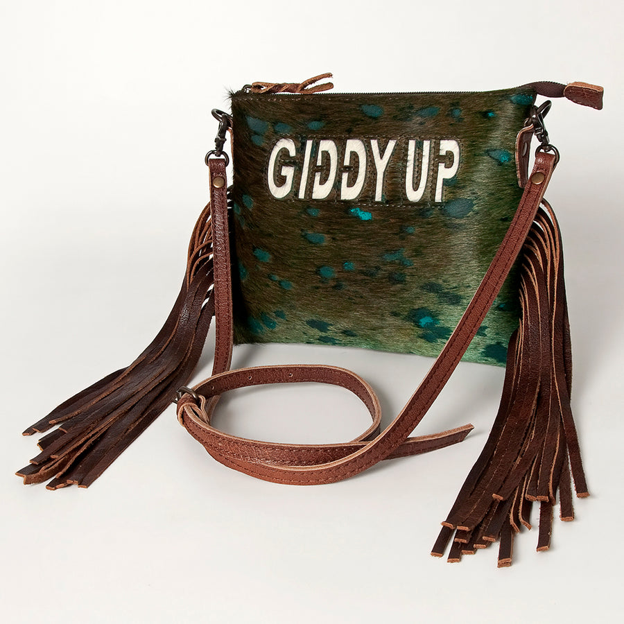 American Darling "Giddy Up" Hair-On Cowhide Crossbody Bag with Leather Fringe - Uhorse