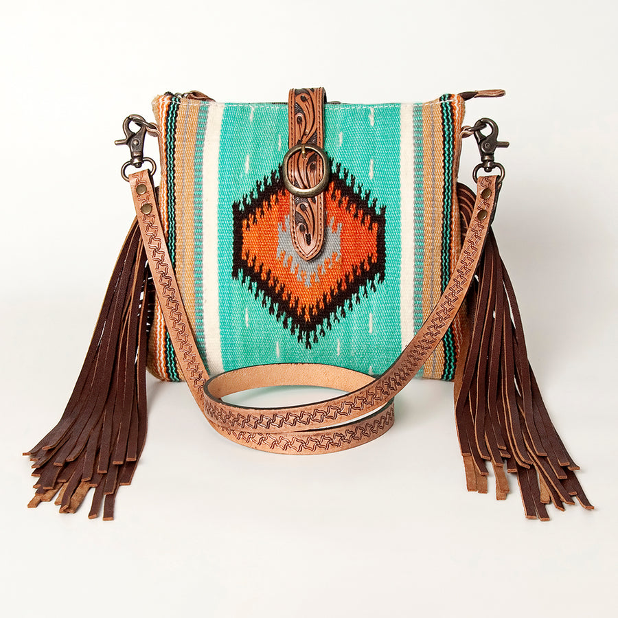 American Darling Hand Woven Saddle Blanket & Handcrafted Western Hand Tooled Cross body Bag, Genuine Vegetable-Tanned Leather