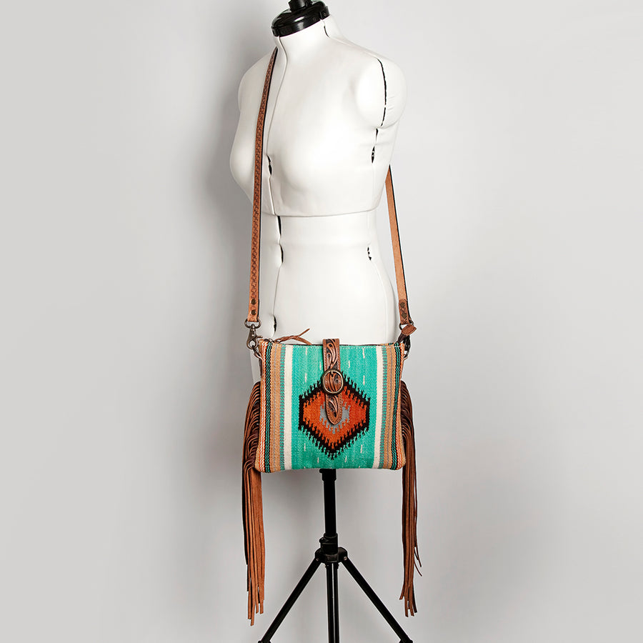 American Darling Hand Woven Saddle Blanket & Handcrafted Western Hand Tooled Cross body Bag, Genuine Vegetable-Tanned Leather