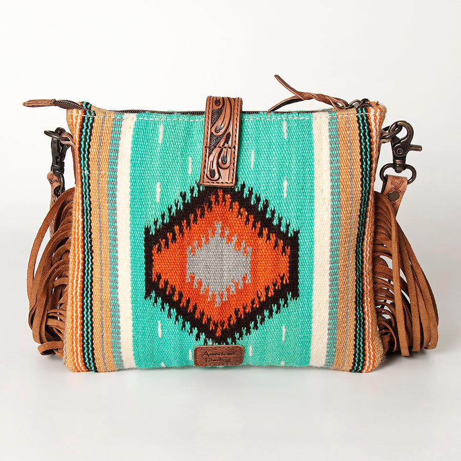 American Darling Hand Woven Saddle Blanket & Handcrafted Western Hand Tooled Cross body Bag, Genuine Vegetable-Tanned Leather