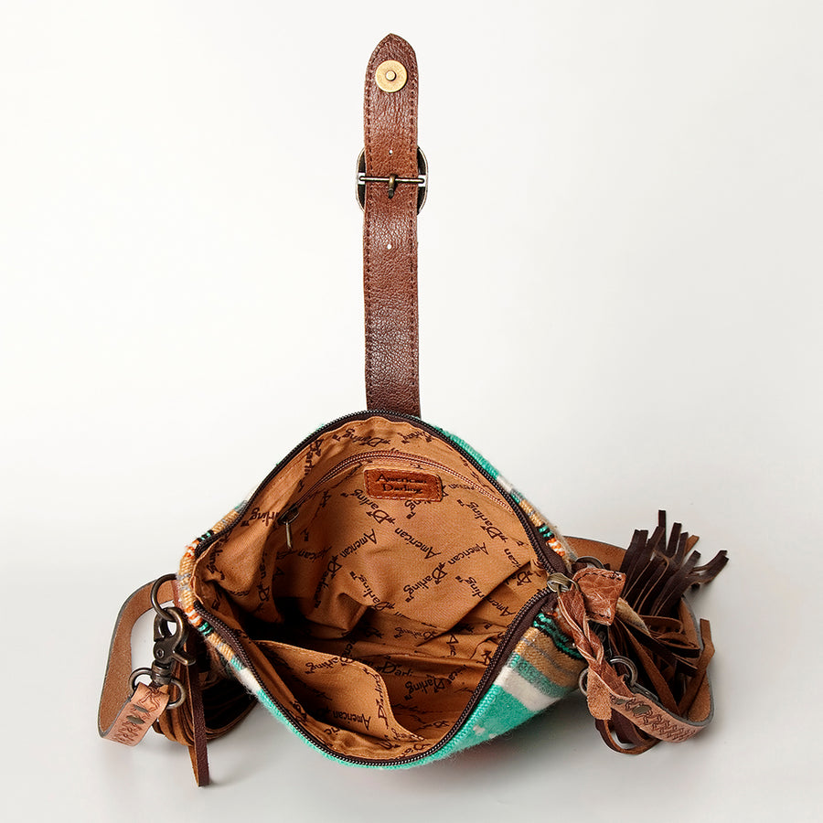 American Darling Hand Woven Saddle Blanket & Handcrafted Western Hand Tooled Cross body Bag, Genuine Vegetable-Tanned Leather