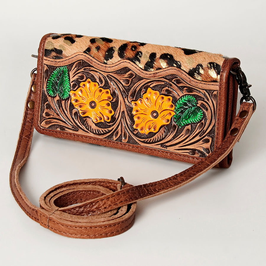 American Darling Hand Tooled Floral and Hair-On Cowhide Western Wallet Bag - Uhorse