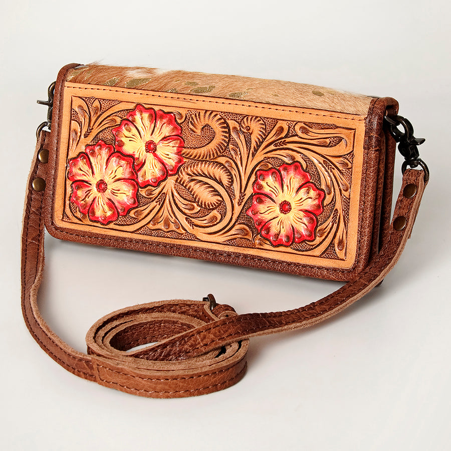 American Darling Hand Tooled Floral and Hair-On Cowhide Western Wallet Bag - Uhorse